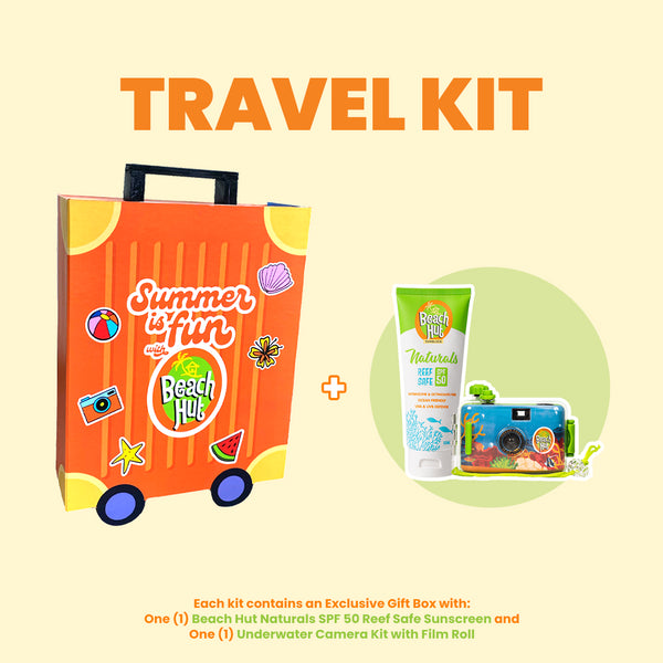 Beach Hut Travel Kit with Beach Hut Naturals SPF 50 Reef Safe Sunscreen and Underwater Toy Camera